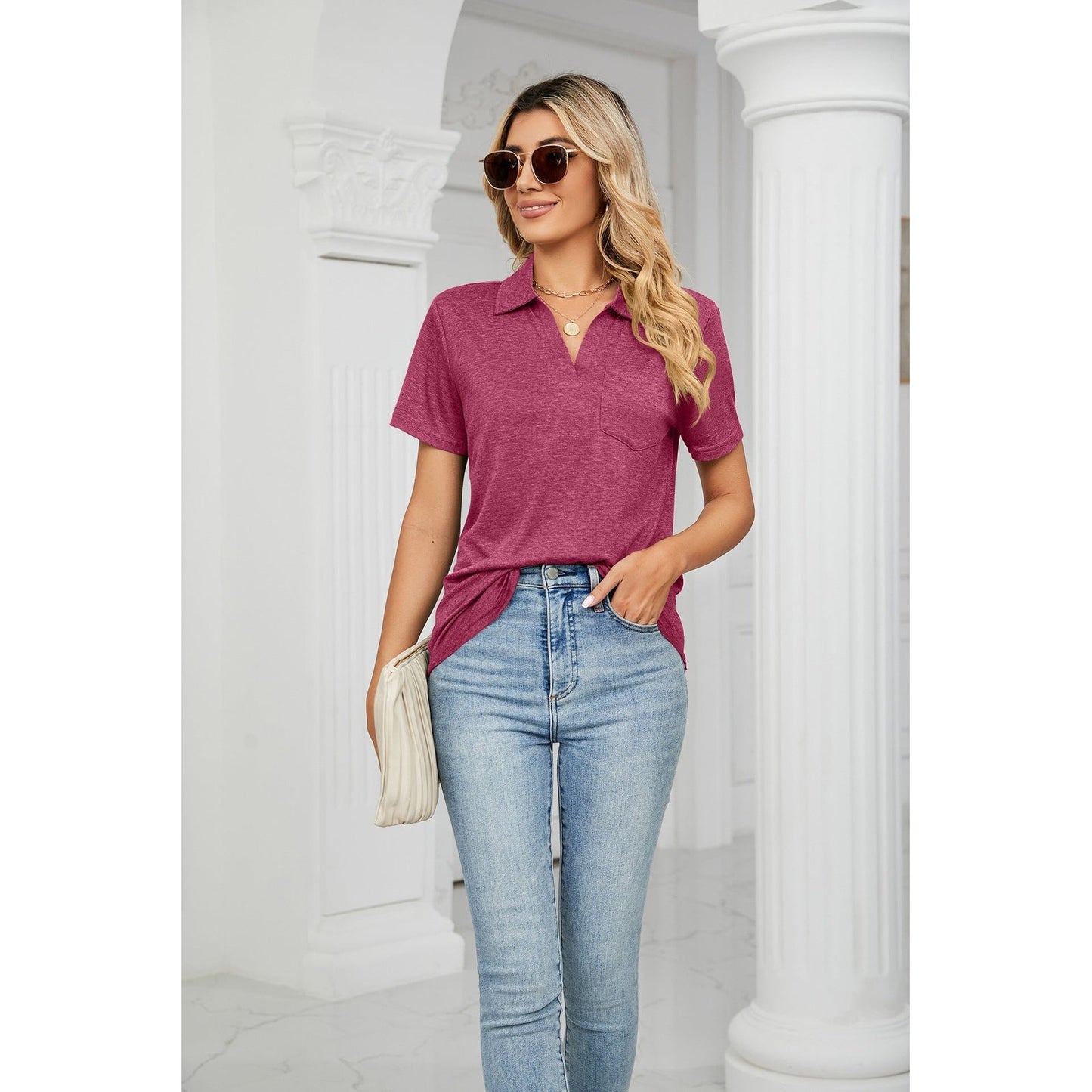 DESTASH Tayla Wine Red Collared V-Neck Top