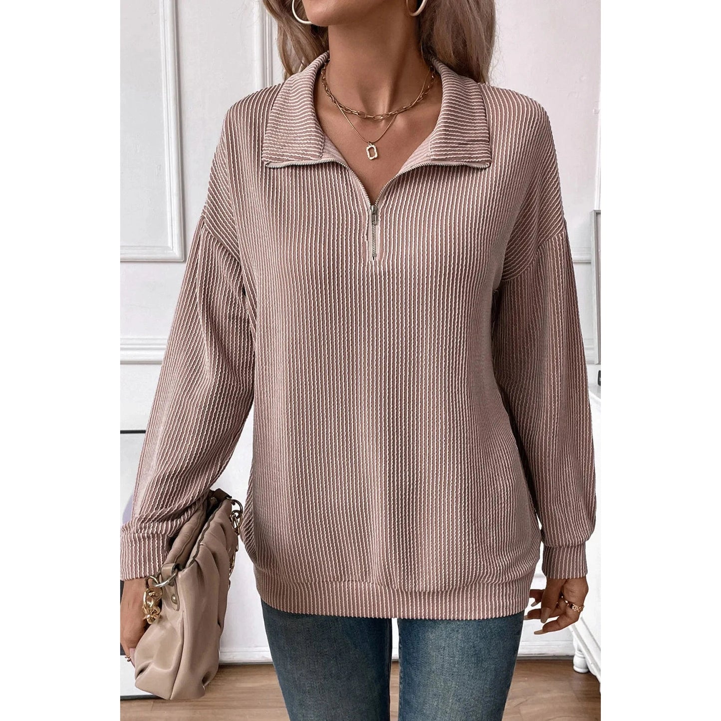 Taylee Khaki Striped Zipper Long Sleeved Sweatshirt