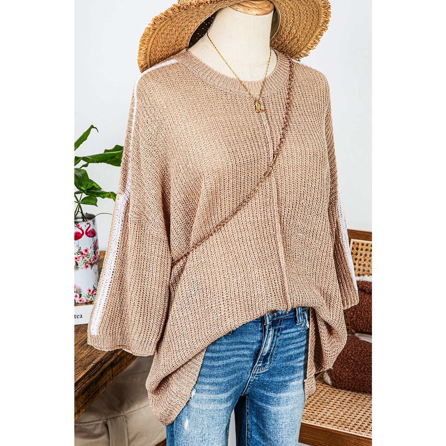 Tedra Light French Beige Contrast Striped 3/4 Sleeve Crew Neck Sweater
