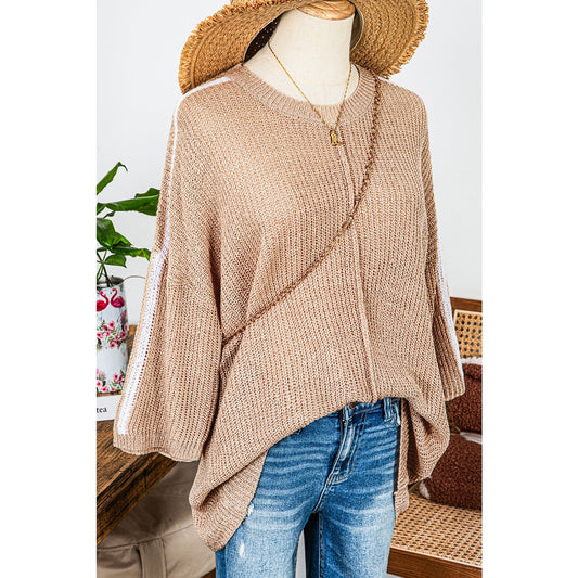 Tedra Light French Beige Contrast Striped 3/4 Sleeve Crew Neck Sweater