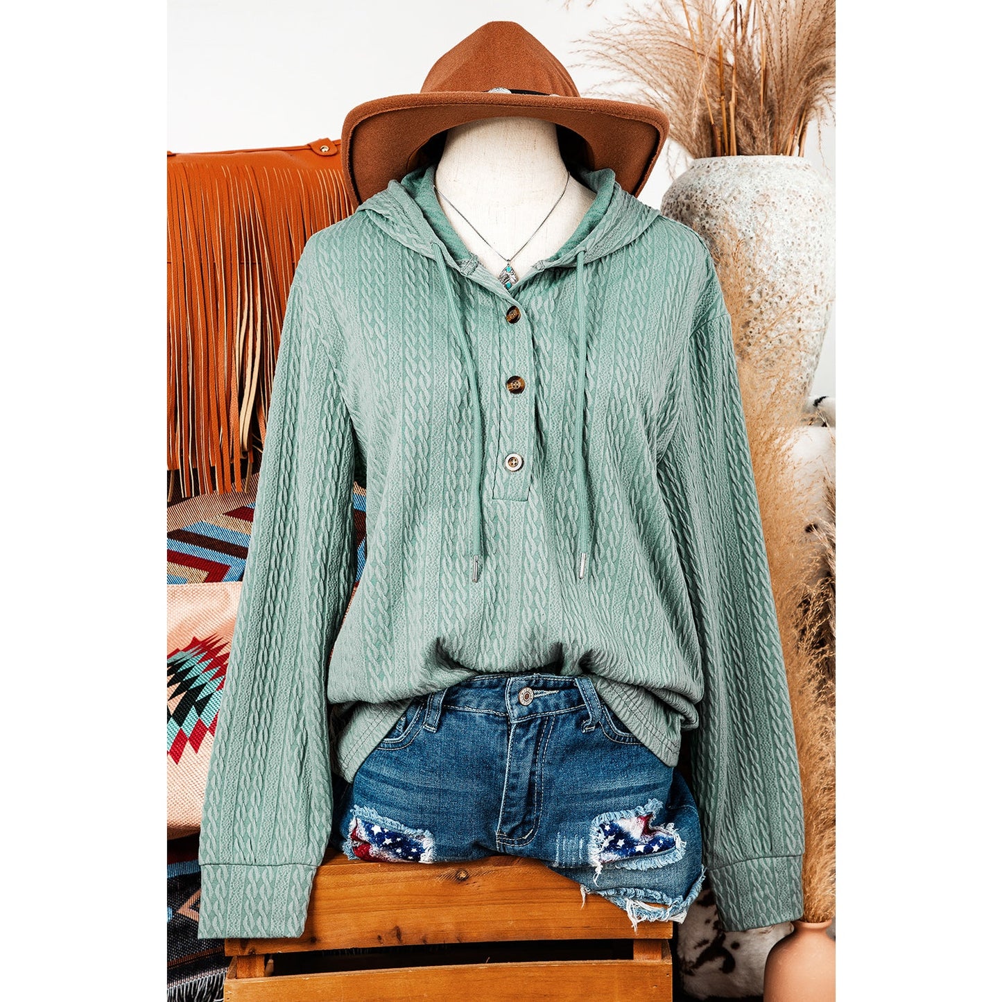 Temperance Mint Green Button Front Textured Drawstring Hooded Long Sleeve Top