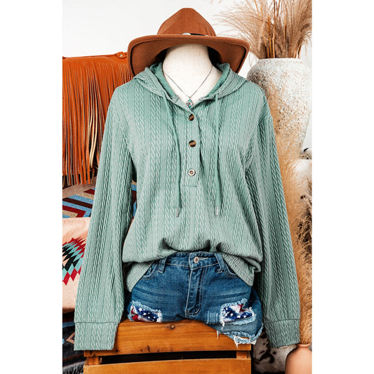 Temperance Mint Green Button Front Textured Drawstring Hooded Long Sleeve Top