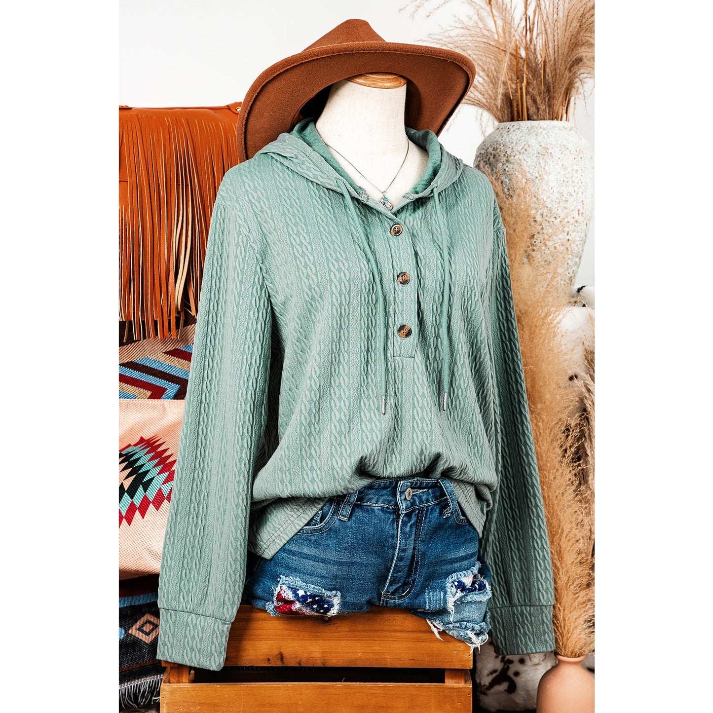 Temperance Mint Green Button Front Textured Drawstring Hooded Long Sleeve Top