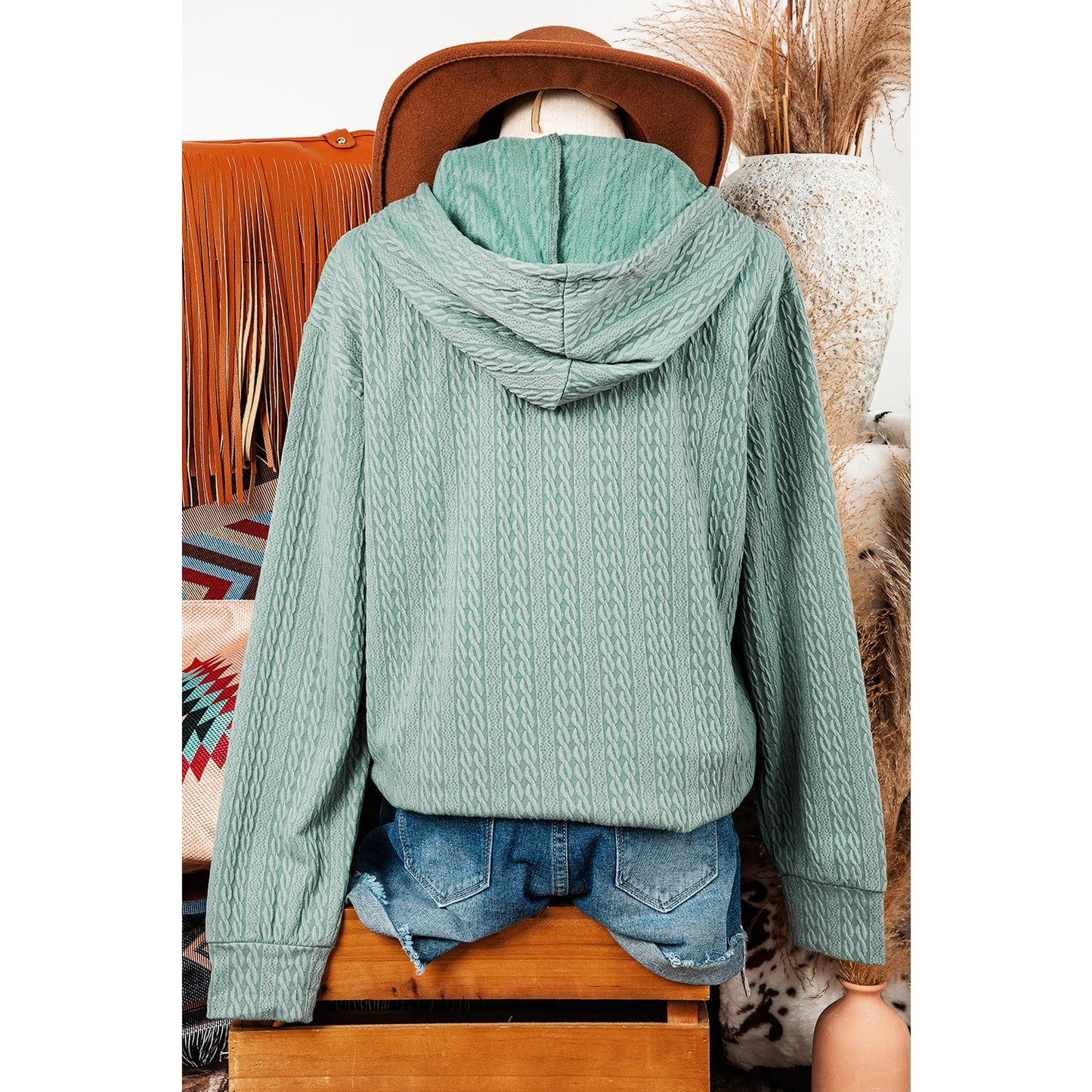Temperance Mint Green Button Front Textured Drawstring Hooded Long Sleeve Top