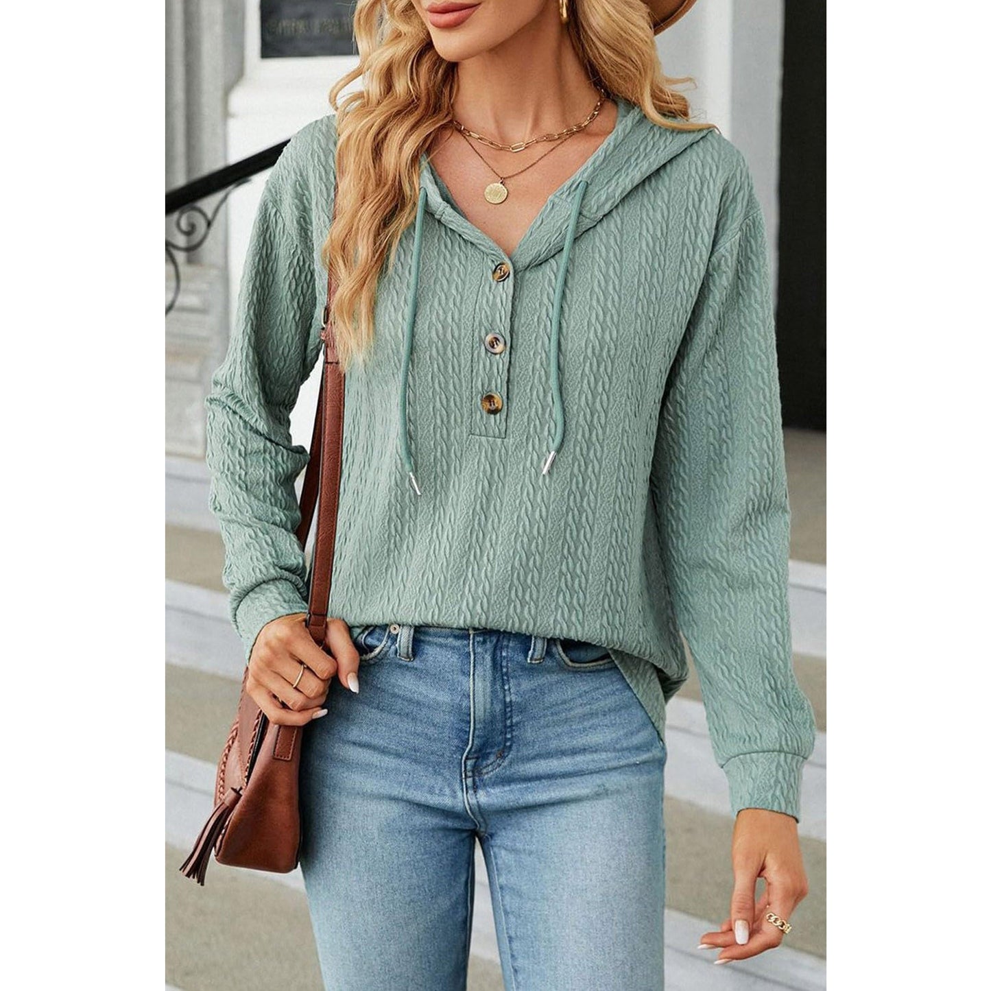 Temperance Mint Green Button Front Textured Drawstring Hooded Long Sleeve Top