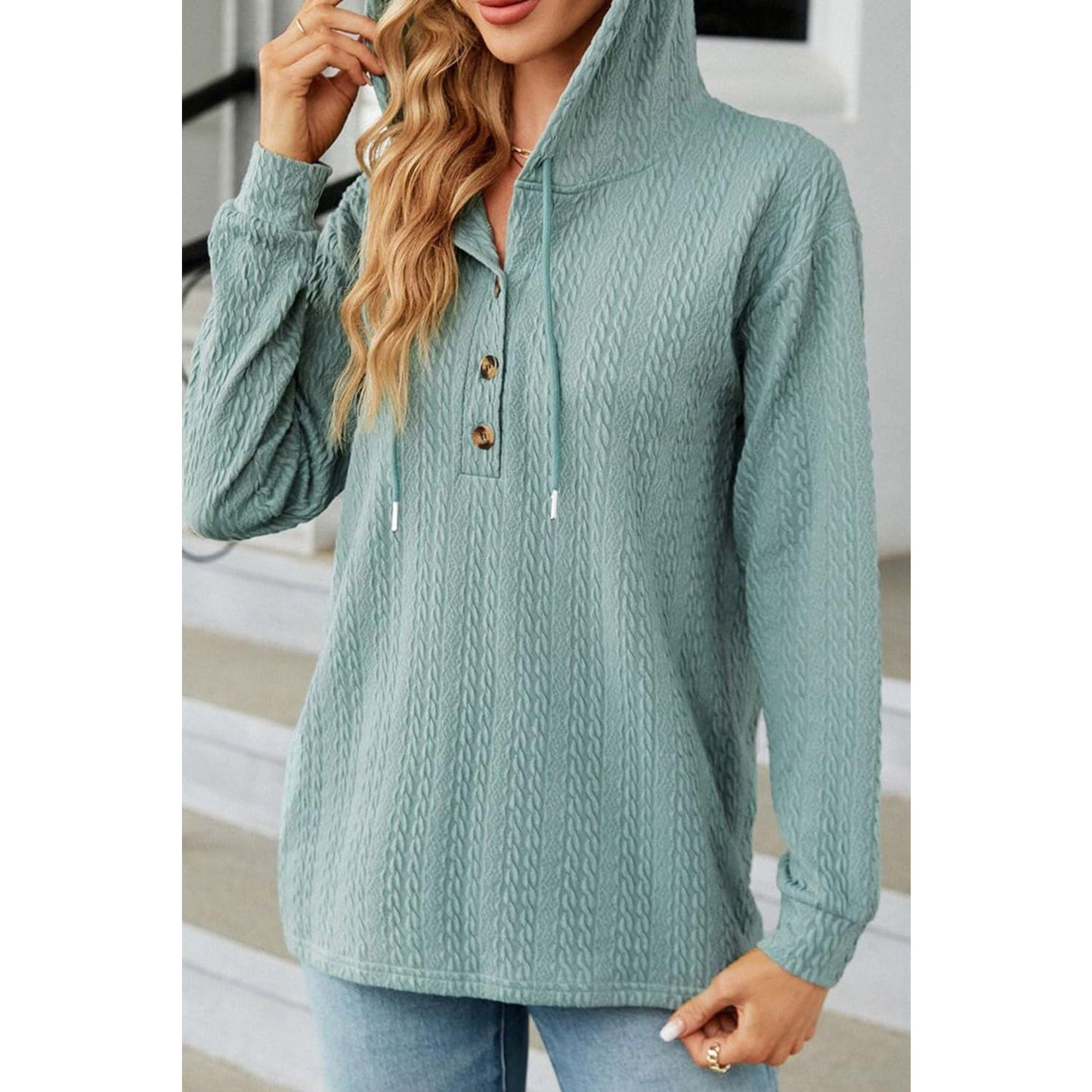 Temperance Mint Green Button Front Textured Drawstring Hooded Long Sleeve Top