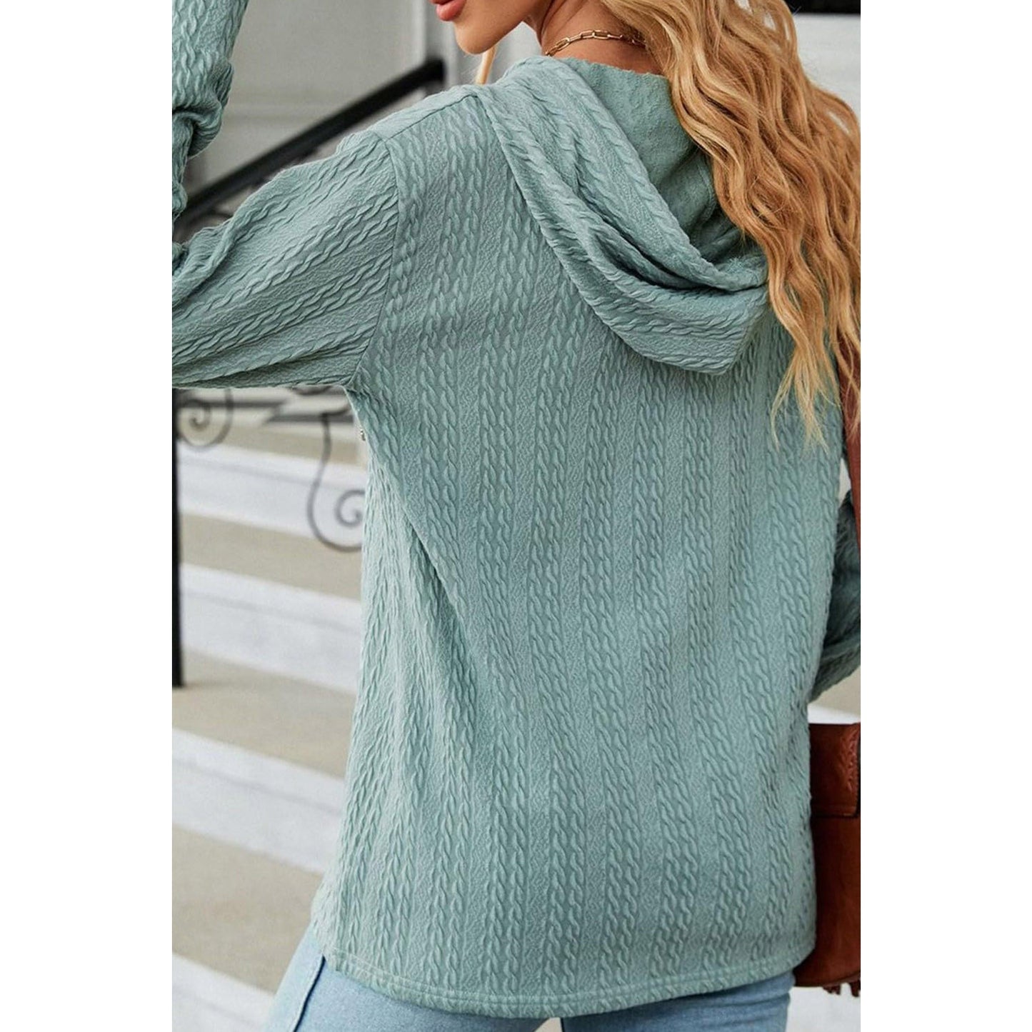 Temperance Mint Green Button Front Textured Drawstring Hooded Long Sleeve Top