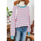 Tera Pink Stripe Trimmed Round Neck Drop Shoulder Loose Sweater