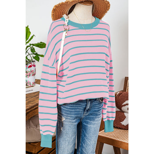 Tera Pink Stripe Trimmed Round Neck Drop Shoulder Loose Sweater