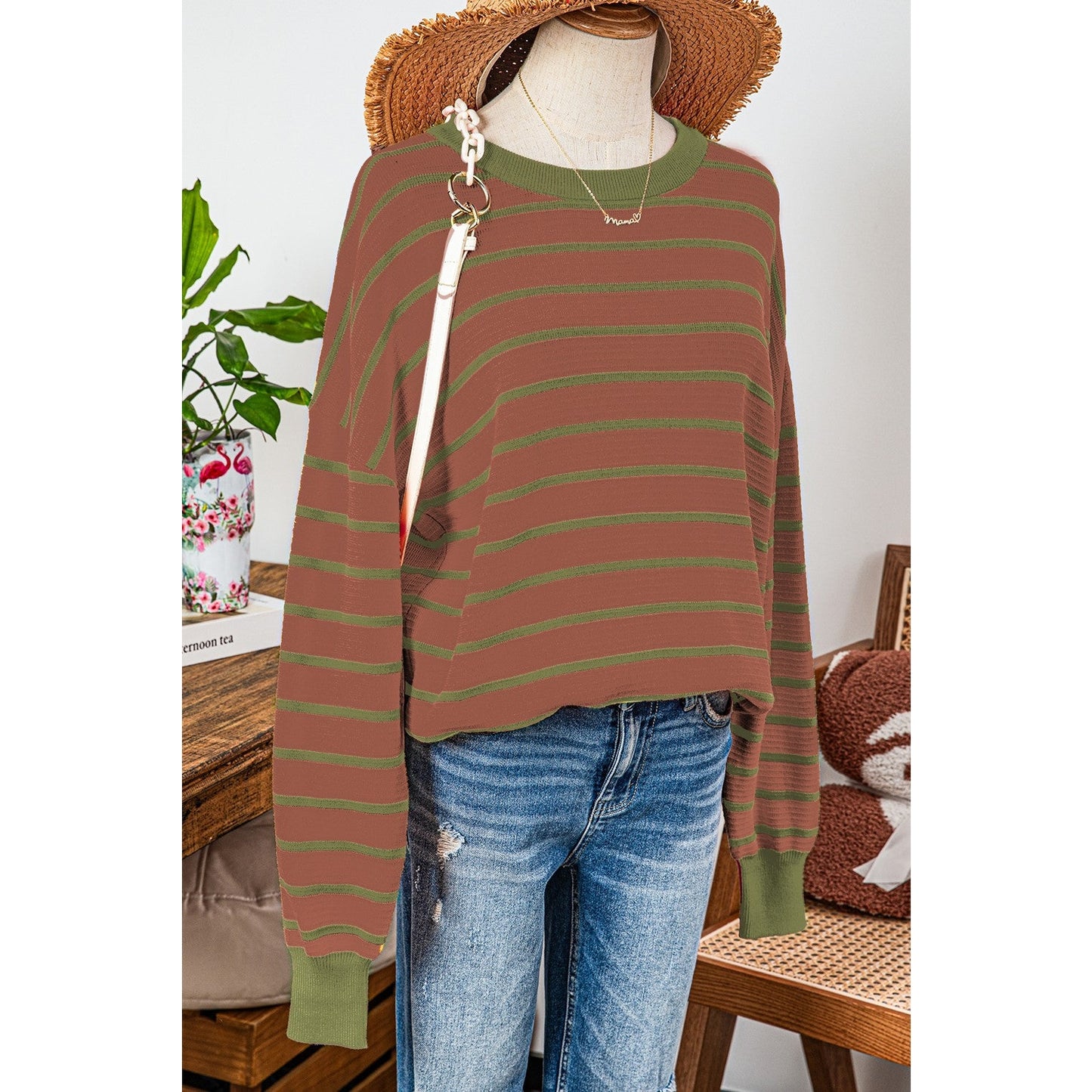 Tera Brown Stripe Trimmed Round Neck Drop Shoulder Loose Sweater