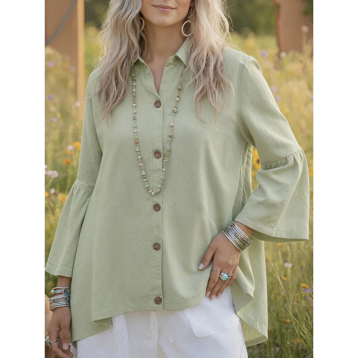 Tera Green Bell Sleeve Button Up Blouse