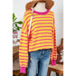 Tera Orange Stripe Trimmed Round Neck Drop Shoulder Loose Sweater