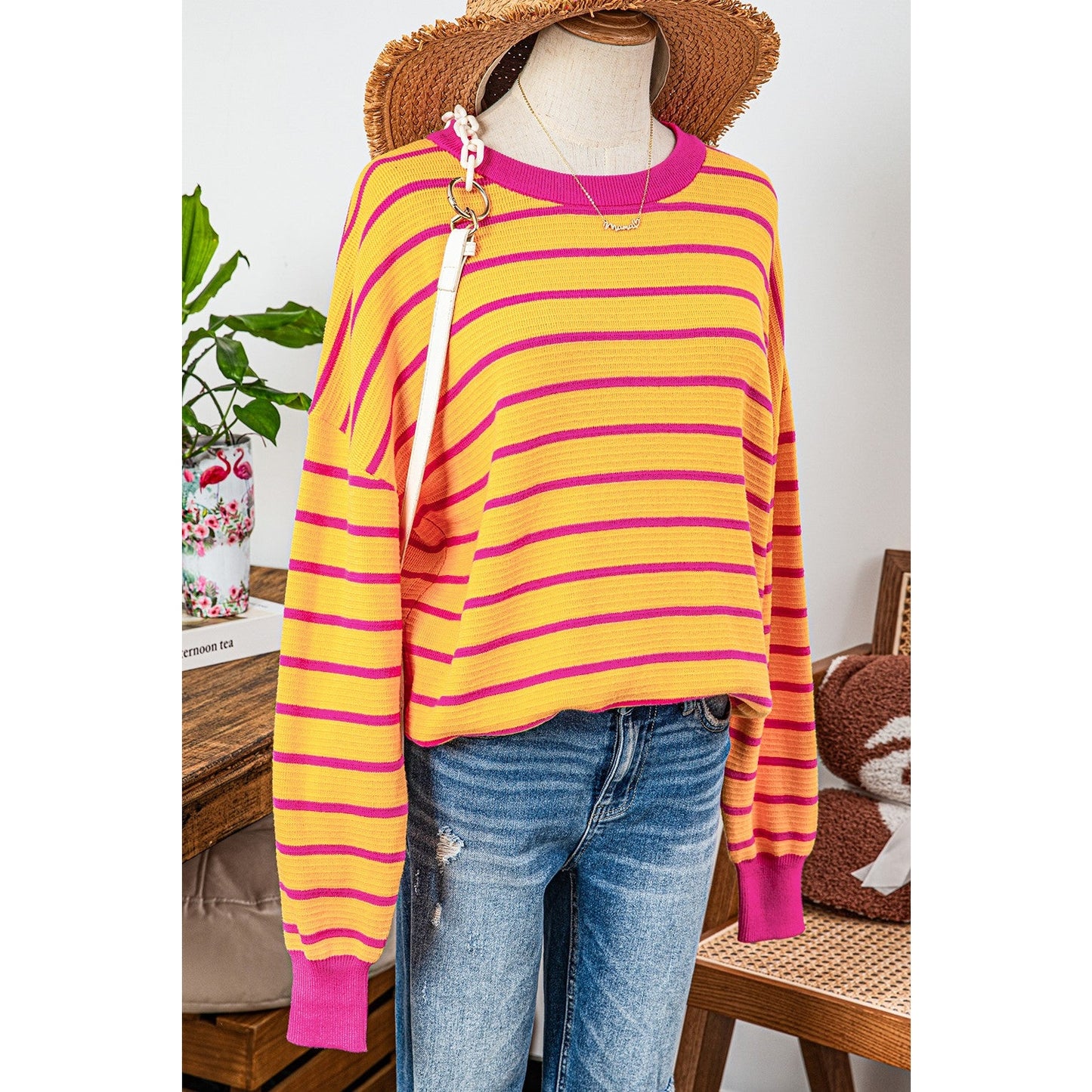 Tera Orange Stripe Trimmed Round Neck Drop Shoulder Loose Sweater