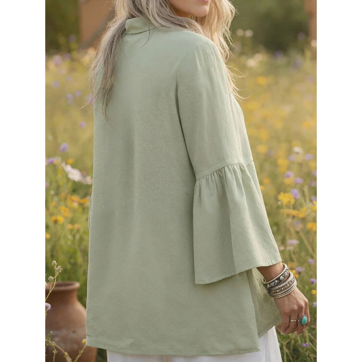 Tera Green Bell Sleeve Button Up Blouse