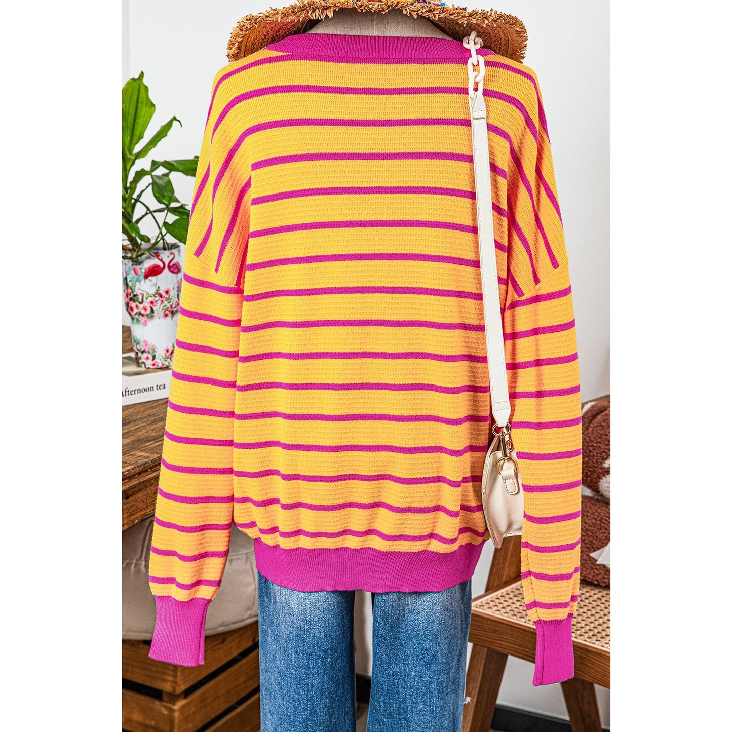 Tera Orange Stripe Trimmed Round Neck Drop Shoulder Loose Sweater