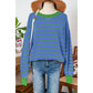 Tera Blue Stripe Trimmed Round Neck Drop Shoulder Loose Sweater