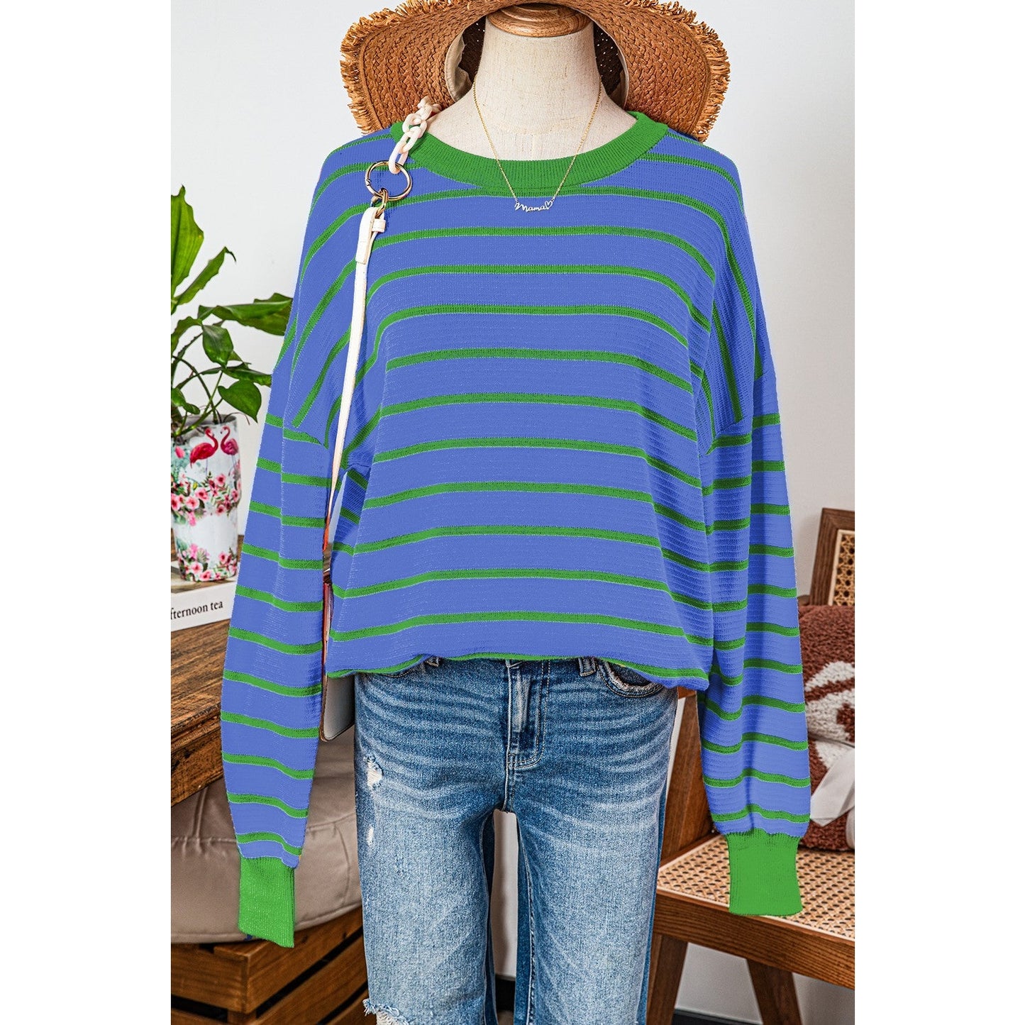 Tera Blue Stripe Trimmed Round Neck Drop Shoulder Loose Sweater