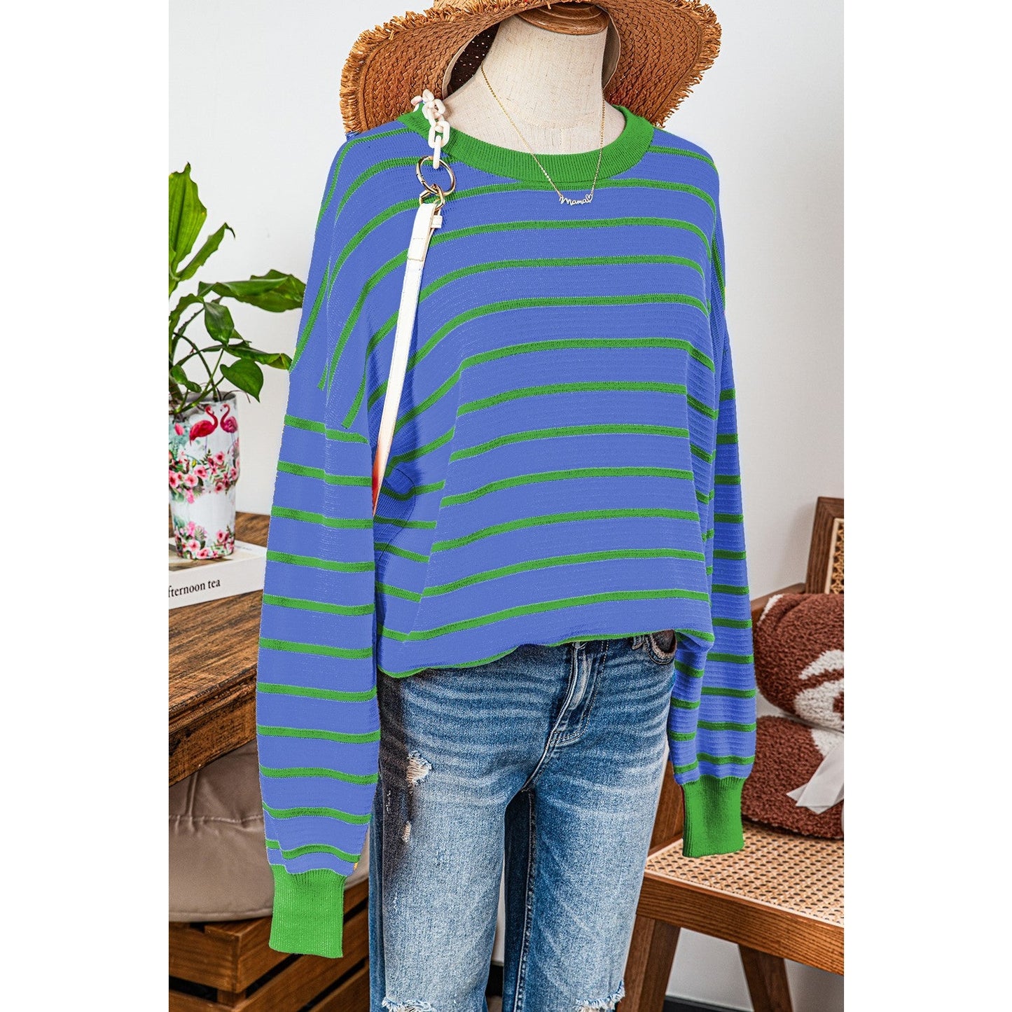 Tera Blue Stripe Trimmed Round Neck Drop Shoulder Loose Sweater