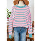 Tera Pink Stripe Trimmed Round Neck Drop Shoulder Loose Sweater