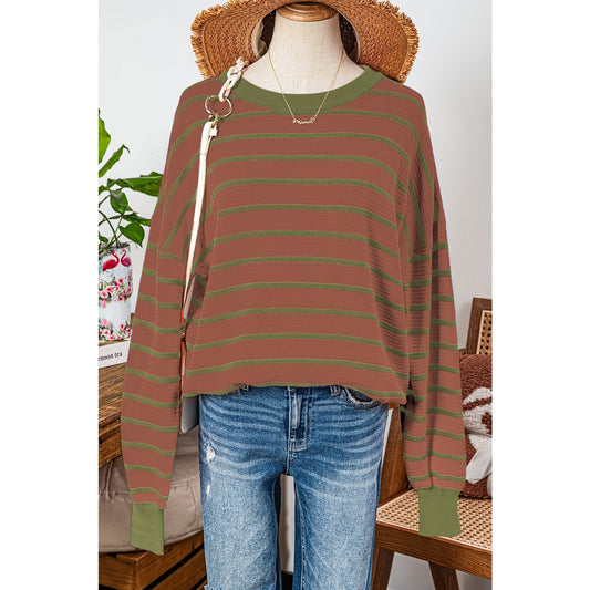 Tera Brown Stripe Trimmed Round Neck Drop Shoulder Loose Sweater