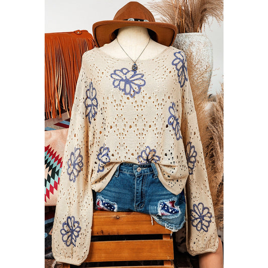 Teresa Beige Contrast Flower Print Eyelet Drop Shoulder Sweater