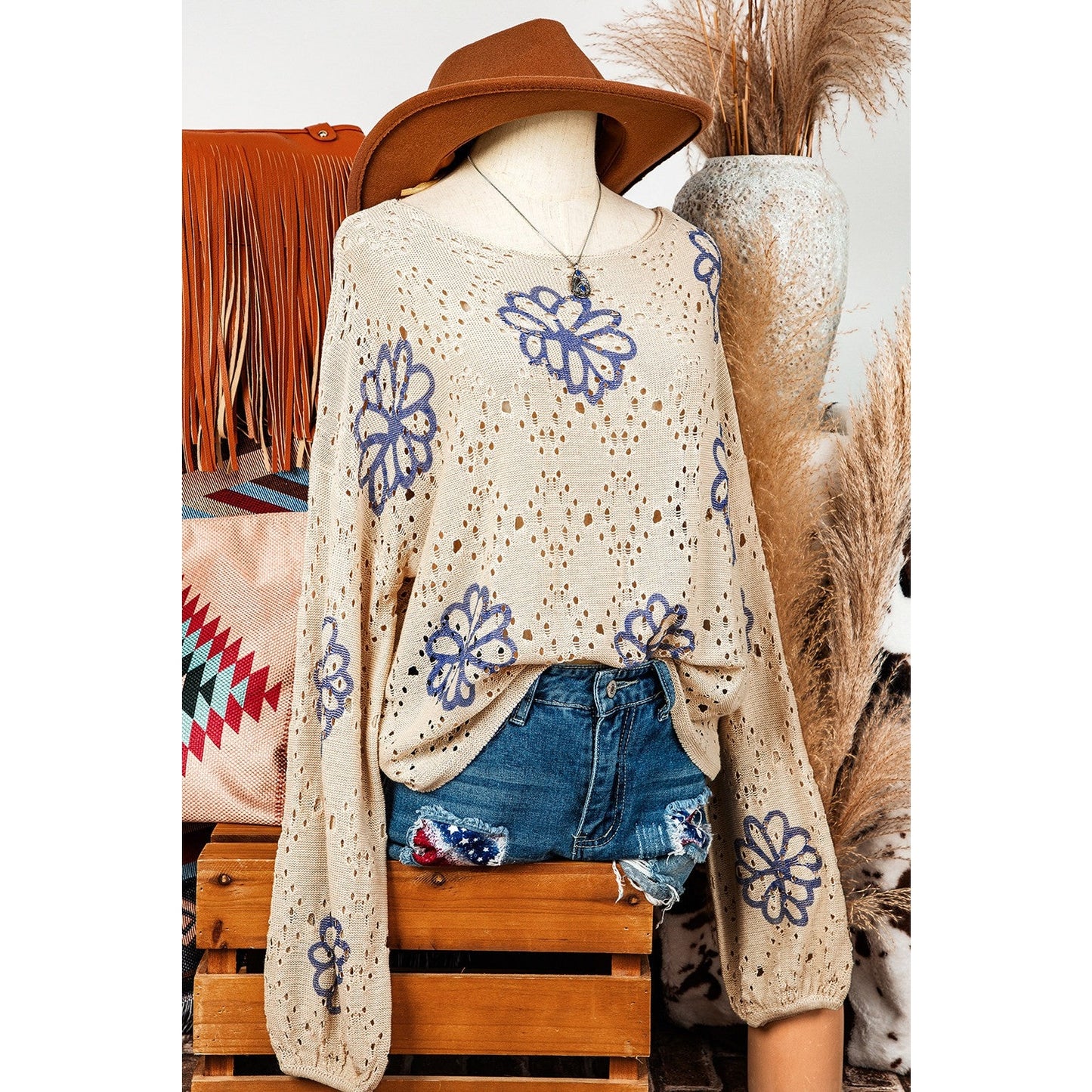 Teresa Beige Contrast Flower Print Eyelet Drop Shoulder Sweater