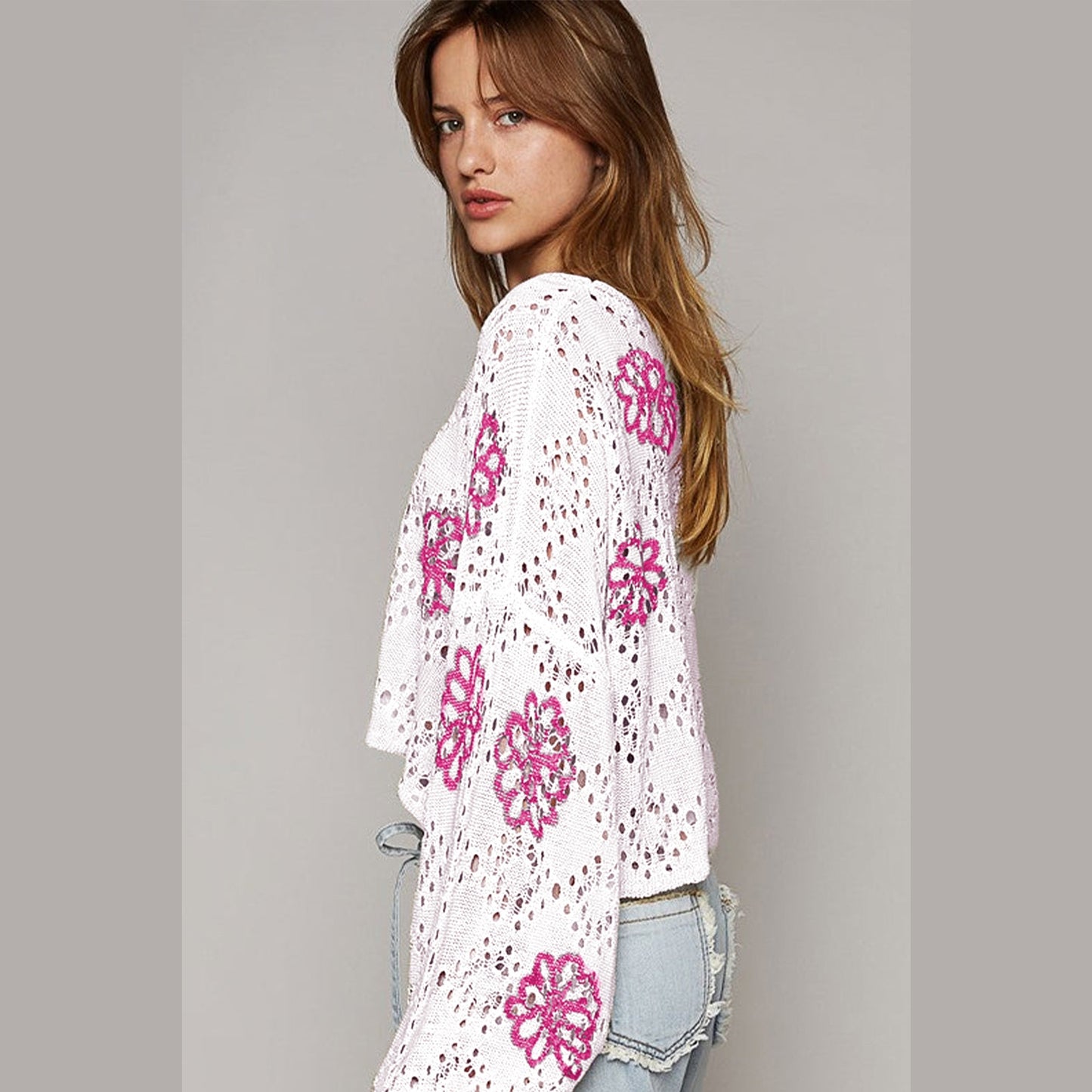 Teresa White Contrast Flower Print Eyelet Drop Shoulder Sweater