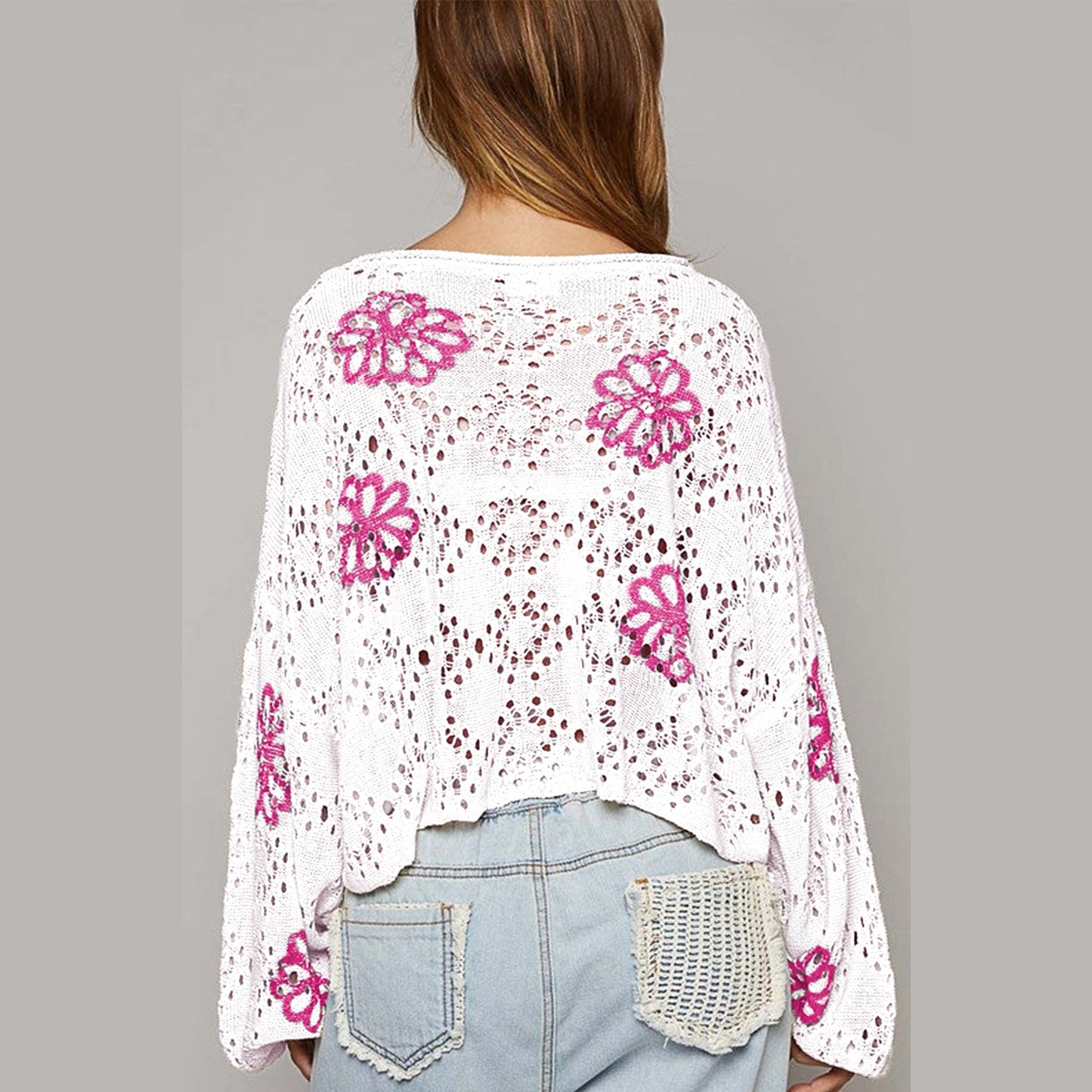 Teresa White Contrast Flower Print Eyelet Drop Shoulder Sweater