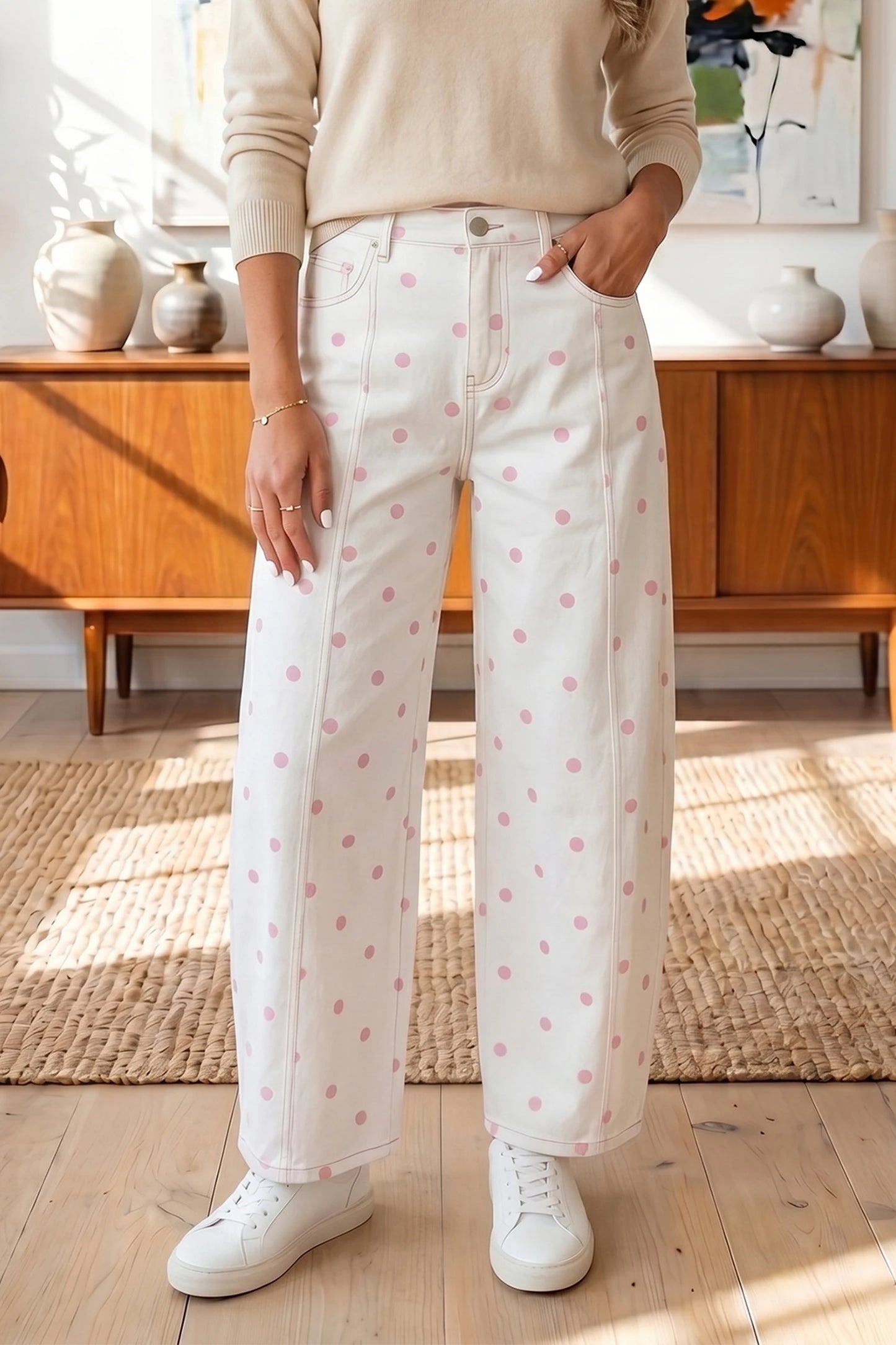 Terra Pink Tailored Seam Polka Dot Print Ankle Length Casual Jeans