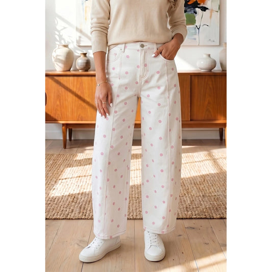 Terra Pink Tailored Seam Polka Dot Print Ankle Length Casual Jeans