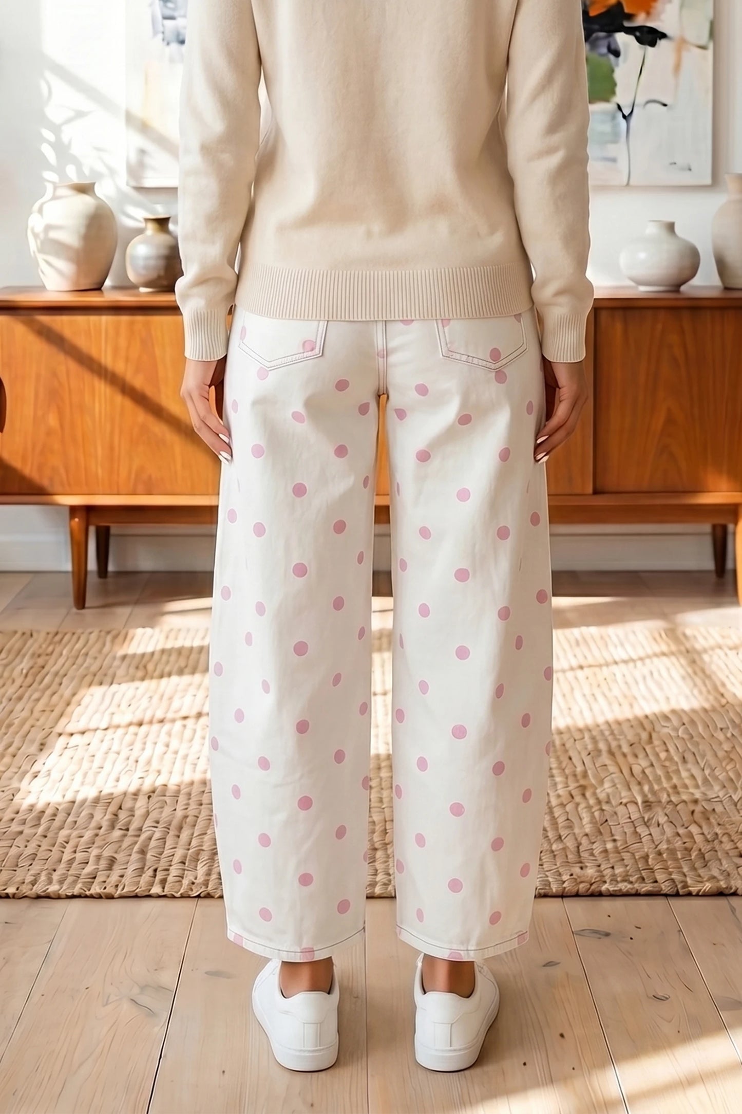 Terra Pink Tailored Seam Polka Dot Print Ankle Length Casual Jeans