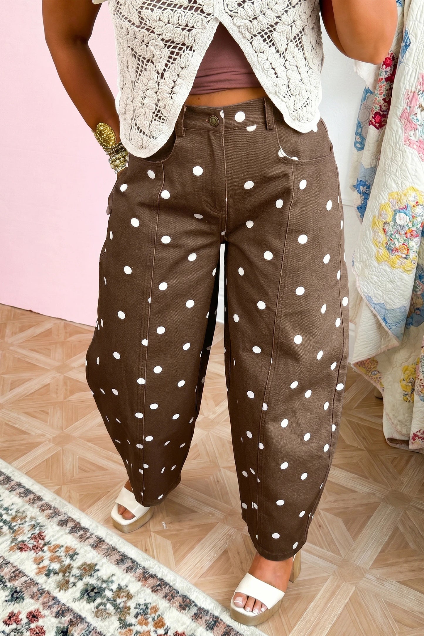 Terra Brown Tailored Seam Polka Dot Print Ankle Length Casual Jeans