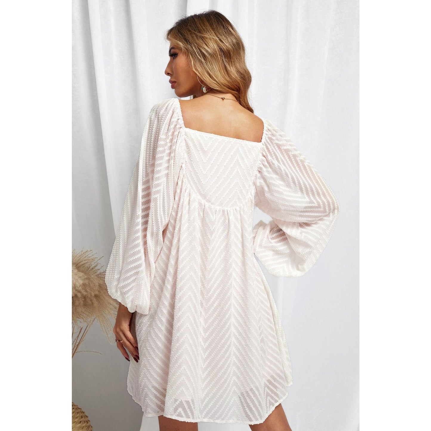 Tesmae Square Neck Puff Sleeve Babydoll Style Short Dress