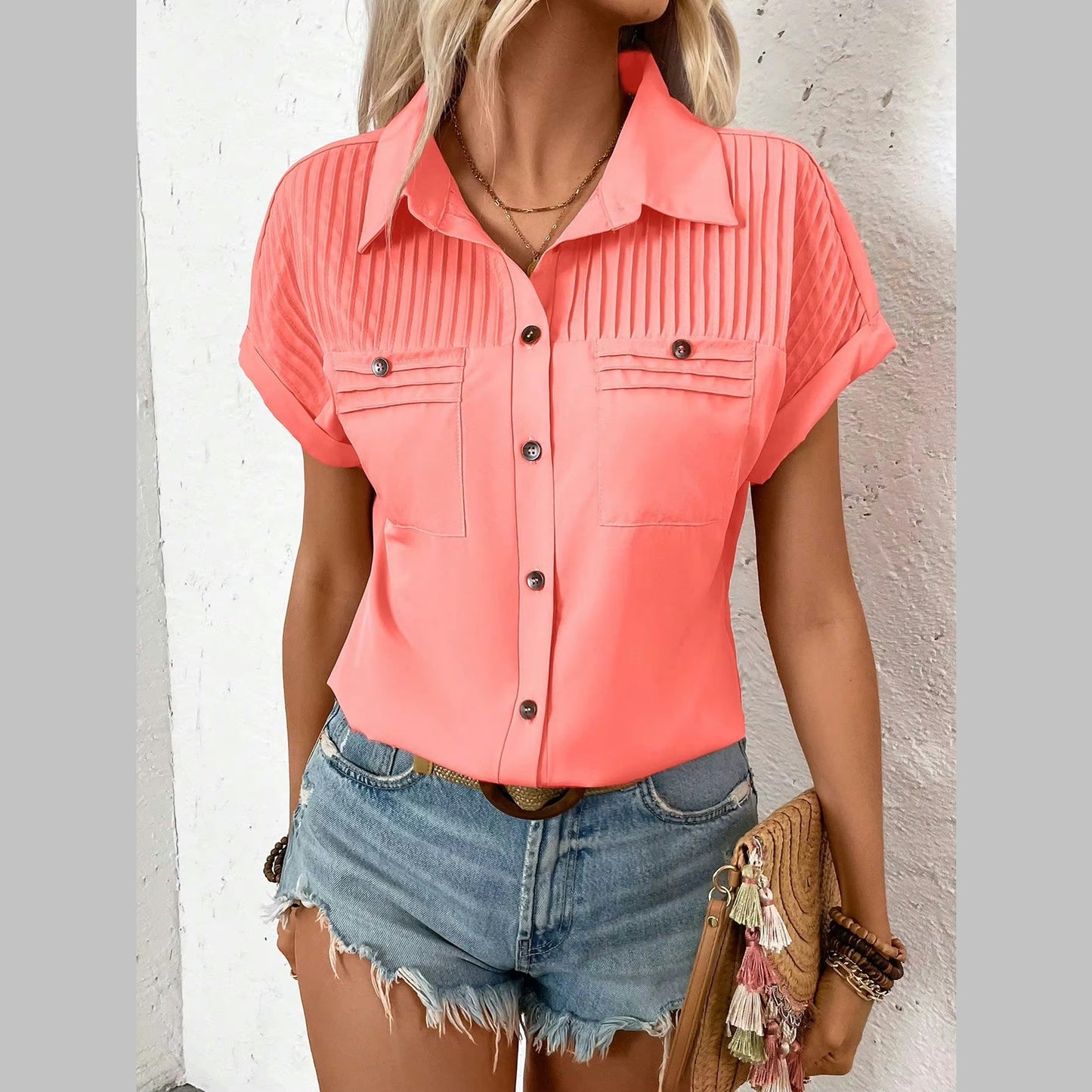 Tessa Coral Pleated Chest Button Shirt with Pockets