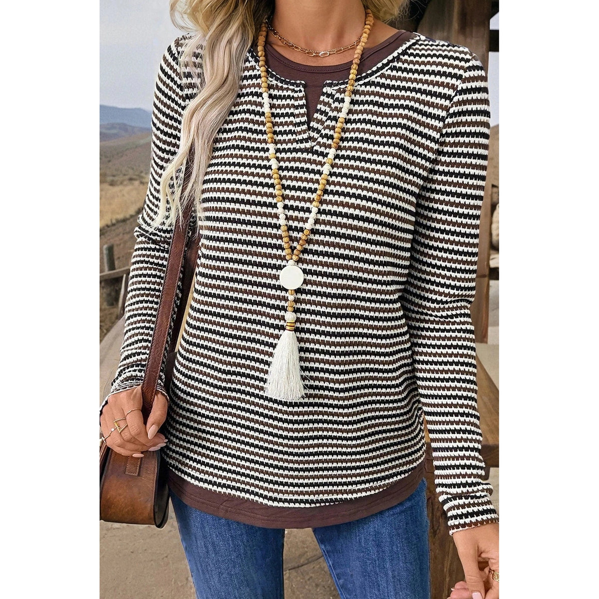 SALE!!!  Tessy Brown Faux Two Piece Textured Striped Round Neck Long Sleeve T Shirt
