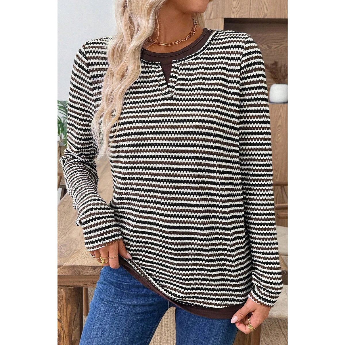 SALE!!!  Tessy Brown Faux Two Piece Textured Striped Round Neck Long Sleeve T Shirt