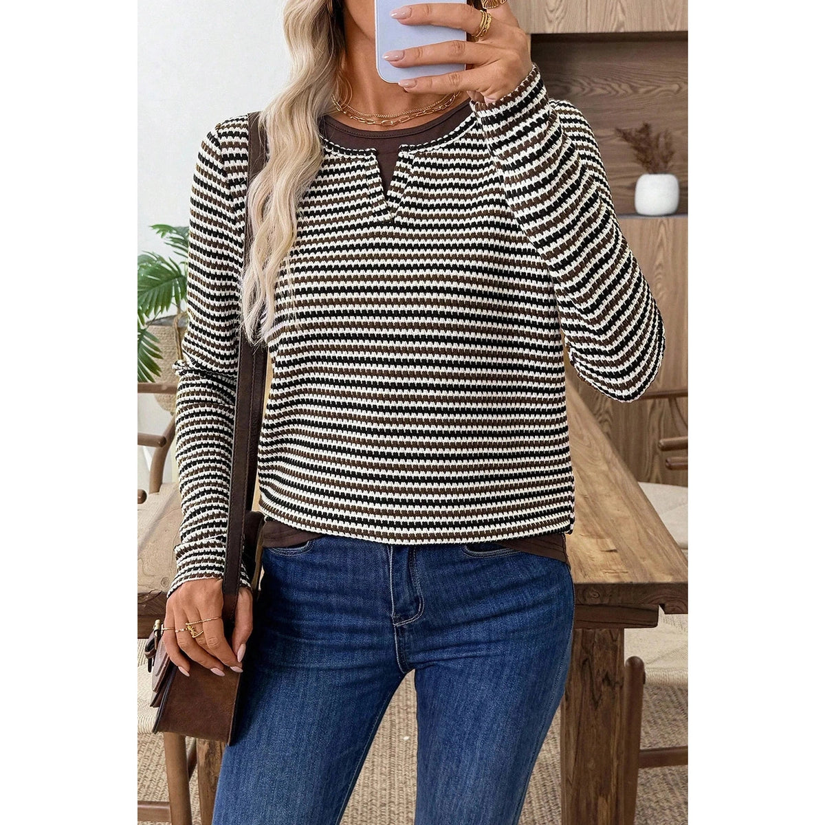 SALE!!!  Tessy Brown Faux Two Piece Textured Striped Round Neck Long Sleeve T Shirt