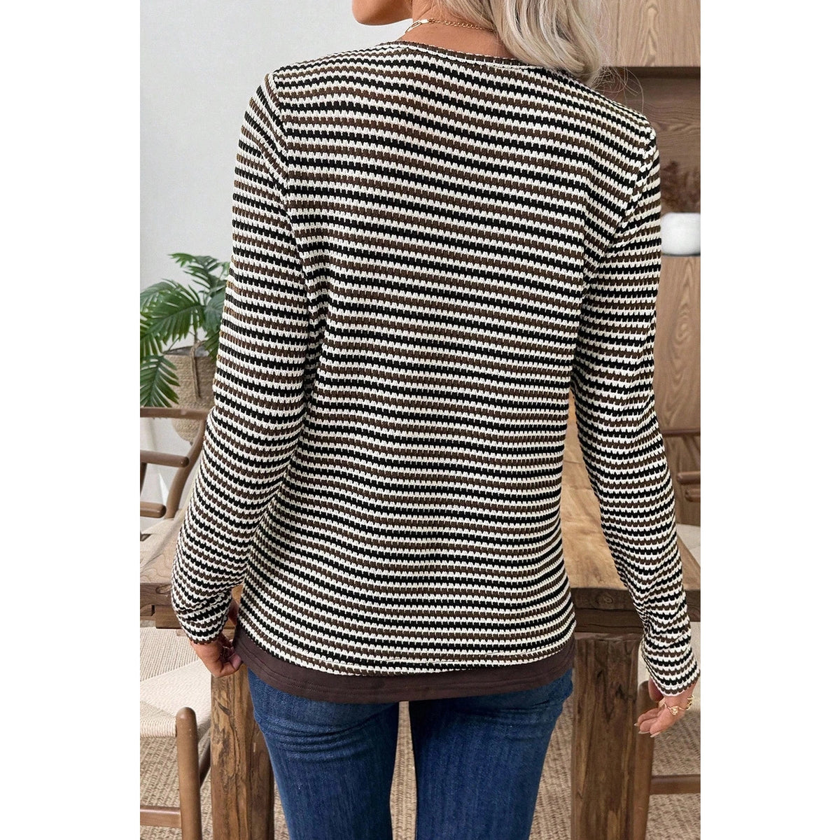 SALE!!!  Tessy Brown Faux Two Piece Textured Striped Round Neck Long Sleeve T Shirt