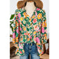 Thea Green Floral Puff Sleeve V Neck Peplum Blouse