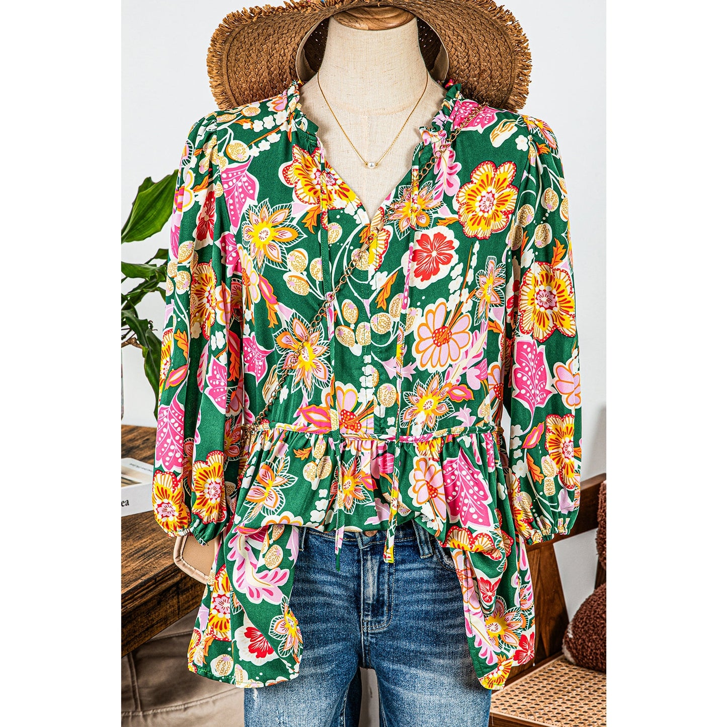 Thea Green Floral Puff Sleeve V Neck Peplum Blouse