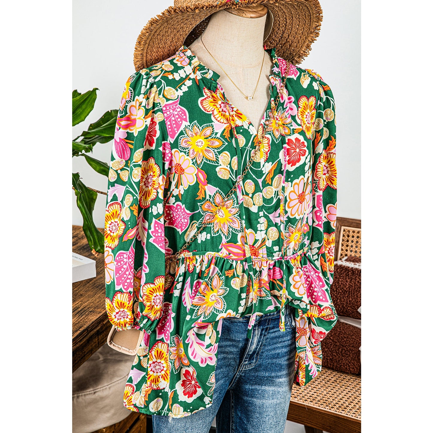 Thea Green Floral Puff Sleeve V Neck Peplum Blouse