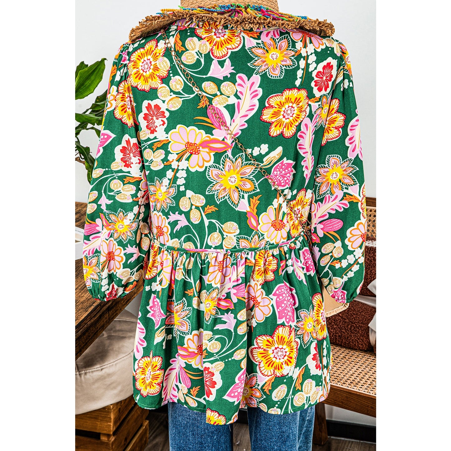 Thea Green Floral Puff Sleeve V Neck Peplum Blouse