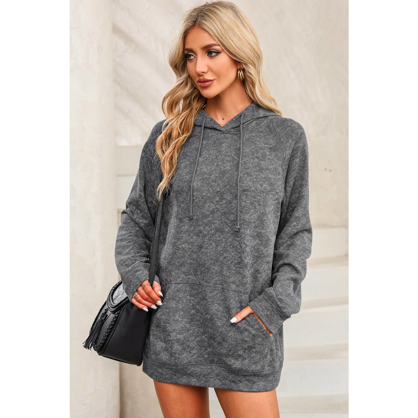 Tiana Grey Mineral Wash Kangaroo Pocket Drawstring Pullover Hoodie