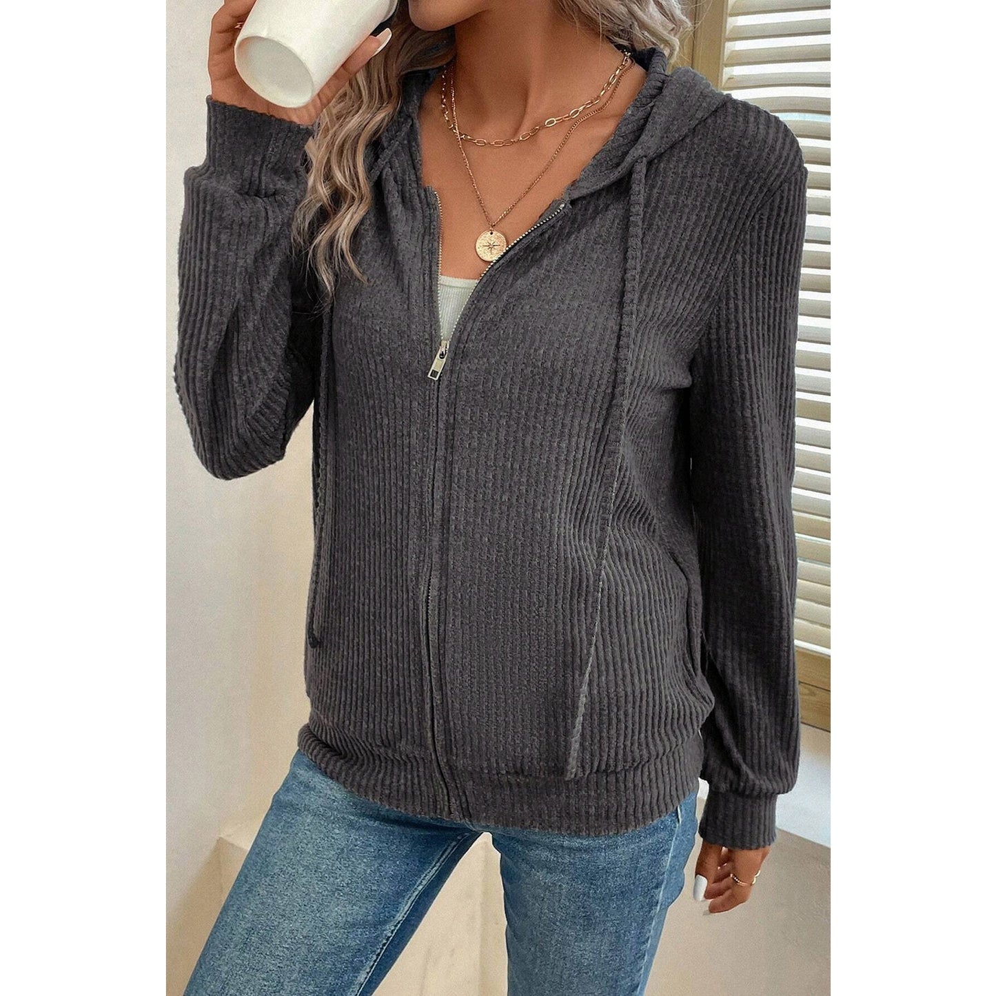 Tiffie Charcoal Ribbed Zip Up Front Drawstring Hoodie