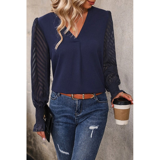 Tiff Navy V Neck Mesh Long Sleeve Blouse