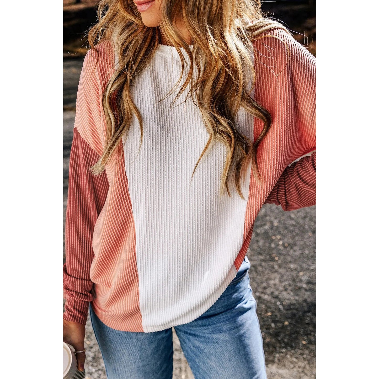 Tilly Pale Chestnut Color Block Corded Long Sleeve Top