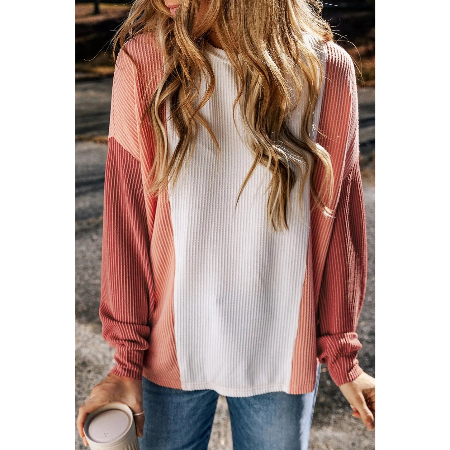Tilly Pale Chestnut Color Block Corded Long Sleeve Top