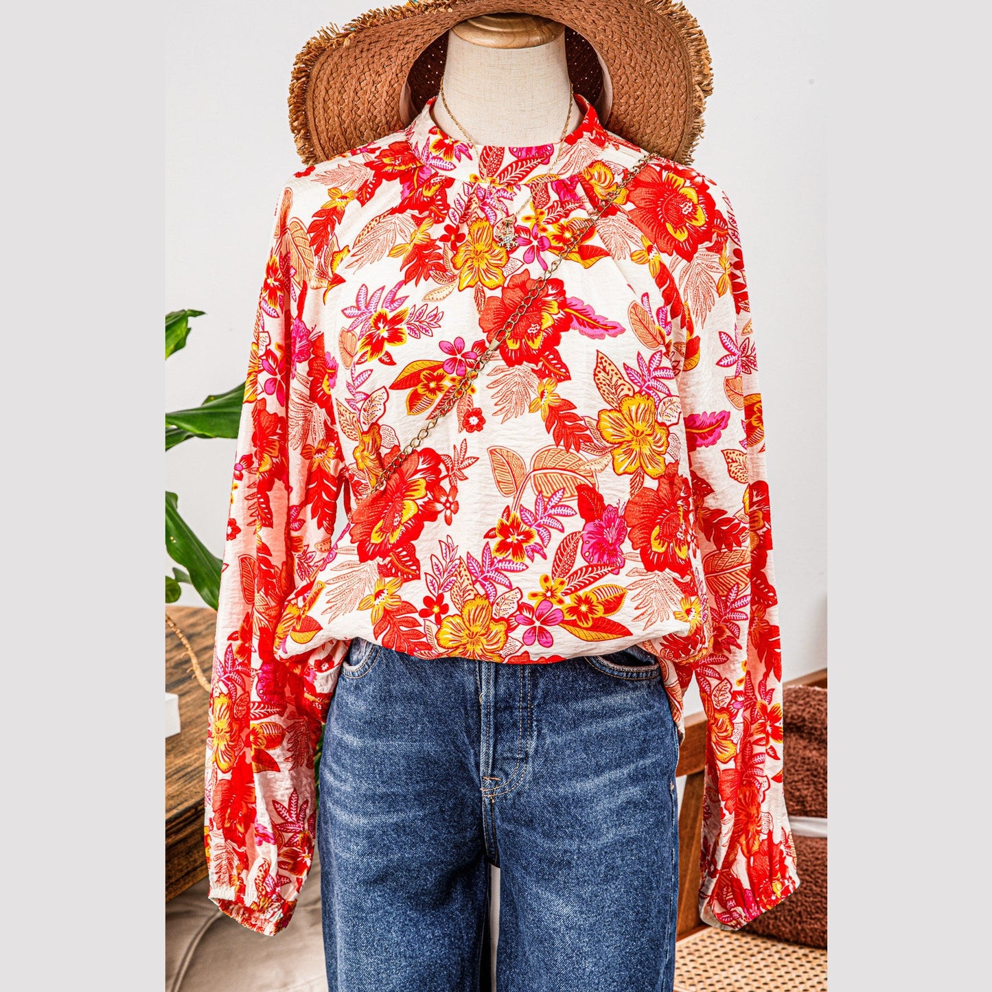 REDUCED!!!  Tisha Orange Floral Print Pearl Button Keyhole Long Puff Sleeve Blouse  REDUCED!!!