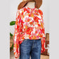 REDUCED!!!  Tisha Orange Floral Print Pearl Button Keyhole Long Puff Sleeve Blouse  REDUCED!!!