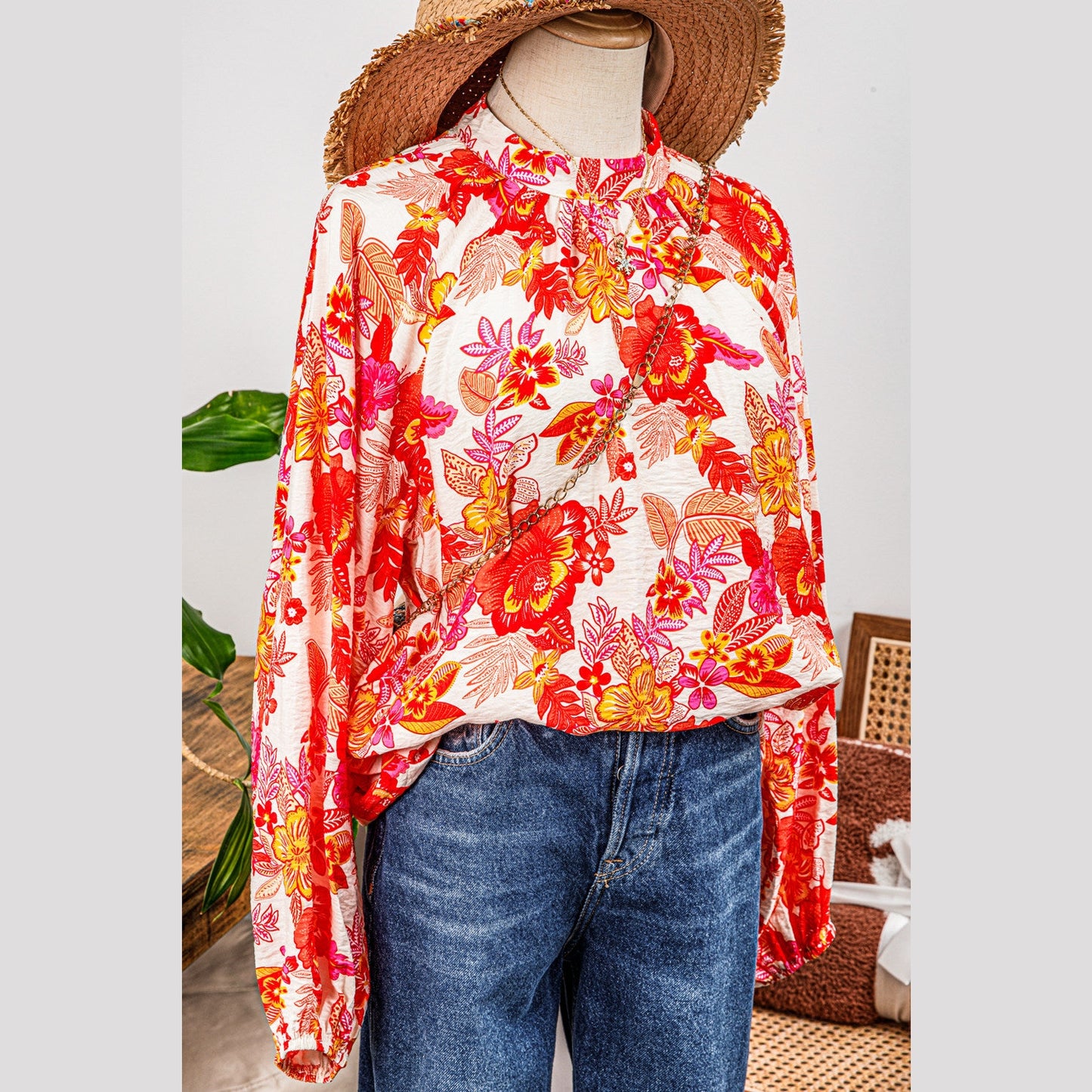 REDUCED!!!  Tisha Orange Floral Print Pearl Button Keyhole Long Puff Sleeve Blouse  REDUCED!!!